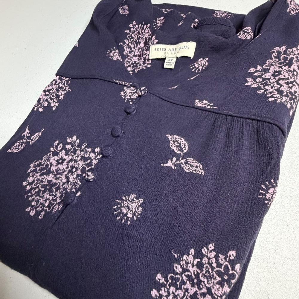 Skies Are Blue Curvy Tunic Blouse Rayon Floral V-Neck Navy Blue 3X Boho